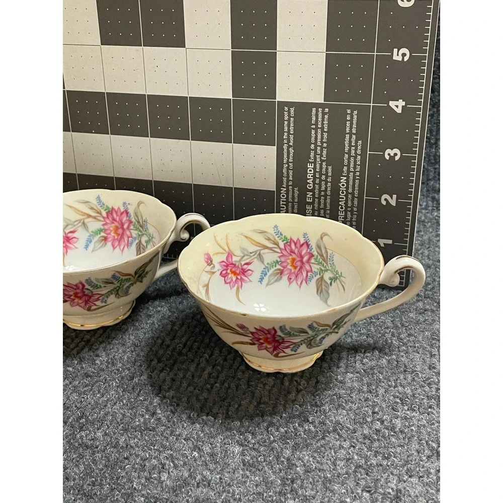 Vintage Maruyama Japan Porcelain Floral Teacups Set of 2 Pink Gold Scalloped Rim